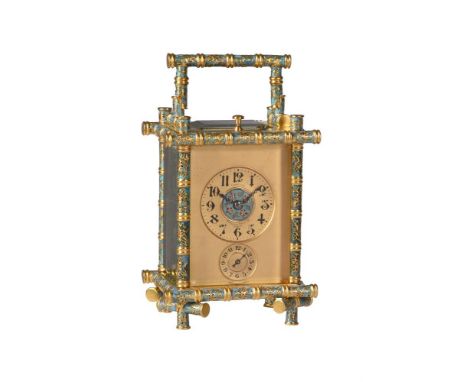 A FINE FRENCH MID-SIZED CHAMPLEVE ENAMELLED GILT BRASS BAMBOO CASED REPEATING ALARM CARRIAGE CLOCKRETAILED BY CHAUDE, PARIS, 