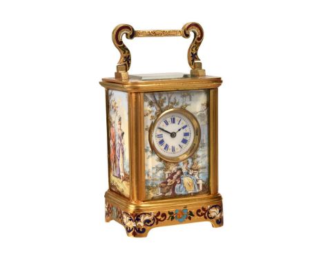 A FINE FRENCH GILT BRASS, CHAMPLEVE ENAMEL AND PAINTED PANEL INSET MINIATURE CARRIAGE TIMEPIECE UNSIGNED, PARIS, LATE 19th CE