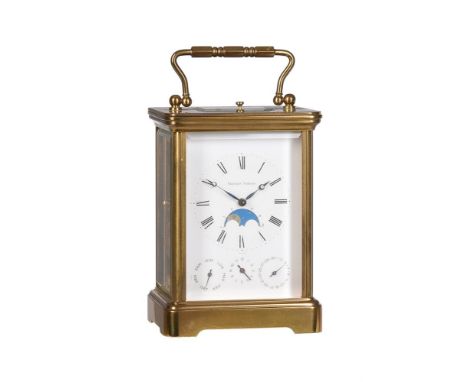 A SWISS LACQUERED BRASS CALENDAR CARRIAGE CLOCK WITH PUSH-BUTTON REPEAT MOONPHASE AND ALARML'EPEE, DELEMONT, FOR RETAIL BY MA