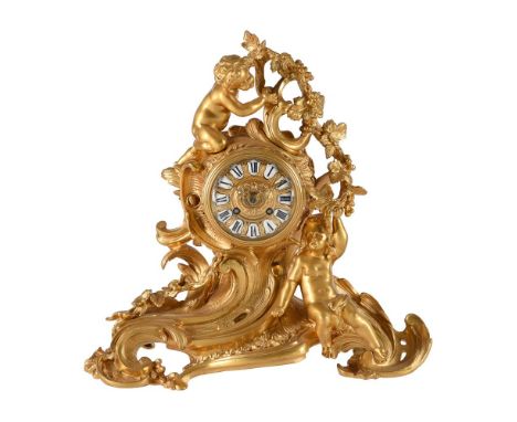 A FRENCH LOUIS XV STYLE GILT BRASS MANTEL CLOCKUNSIGNED, LATE 19th CENTURYThe eight-day bell striking movement with anchor es