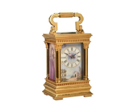 A FINE FRENCH GILT BRASS ANGLAISE RICHE CASED PORCELAIN PANEL INSET MINIATURE CARRIAGE TIMEPIECE THE PANELS BY LUCIEN SIMONNE