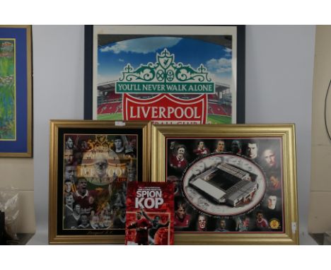 Liverpool Football Club - A collection of wall art and a wall clock, largest piece approximately 107 cm x 76 cm and a book on