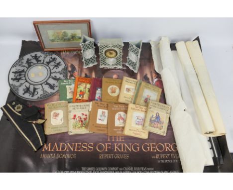 Lot to include a ceramic cased clock garniture, glass plaque / dish, vintage Boys Brigade cap, posters and similar.