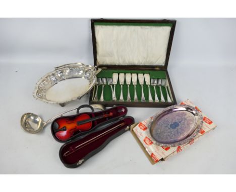 Various plated ware to include a canteen of fish knives and forks, ladle, pierced swing handle dish and similar, also include