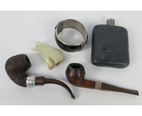 Two vintage K&amp;P Peterson smokers pipes one with silver mount, hip flask and other.