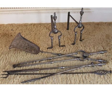 A set of polished steel fire tools, with andirons