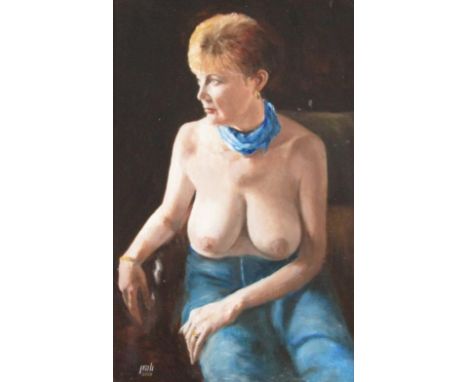 Percival A. Bates.  Nude study - blue scarf, oil on board, initialled and dated 2000, 46cm x 29cm