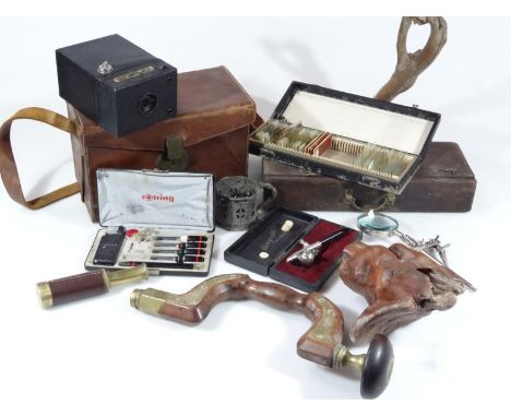 Bygones, collectables, scientific instruments, etc, to include a miniature two draw telescope, with brown leather and brass e