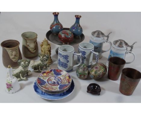 Various pottery, enamel ware and effects, to include a Tuderic style pewter cake stand, partially hammered, 25cm diameter, an