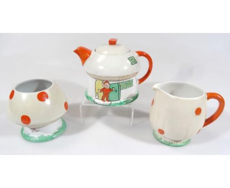 A Shelley Mabel Lucie Attwell Red Elf Imp part tea service, comprising tea pot, 12cm high, milk jug and sugar bowl, each in a