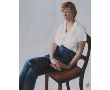 Percival A. Bates.  Portrait study - on a chair, oil on board, initialled and dated (20)02, 50cm x 34cm