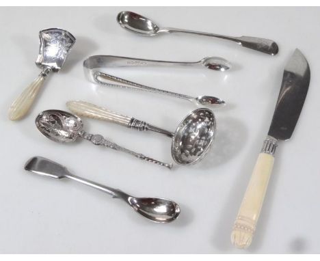 Various silver bladed and other cutlery, caddy spoon, sugar bows, 13cm high, etc, to include some plate, various dates and ma
