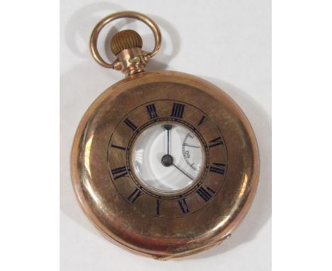 A 9ct gold rose half hunter pocket watch, bezel wind, movement engraved Derrick, white enamel dial, black Arabic numerals, to