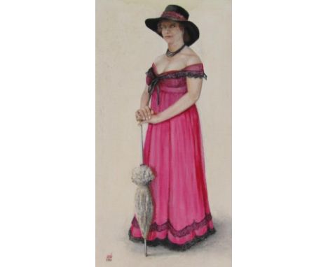 Percival A. Bates.  Portrait of a lady in summer costume, oil on board, initialled and dated 1994, 80cm x 47.5cm