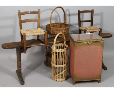 A 19thC bench seat, together with two rush seated child's chairs, two wicker baskets and linen box. (6)