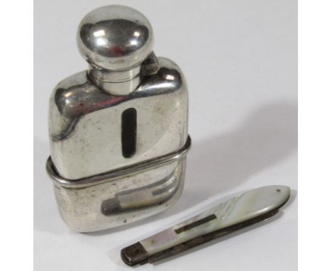 A silver plated hip flask, together with a folding silver mother-of-pearl handled fruit or pen knife. (2)