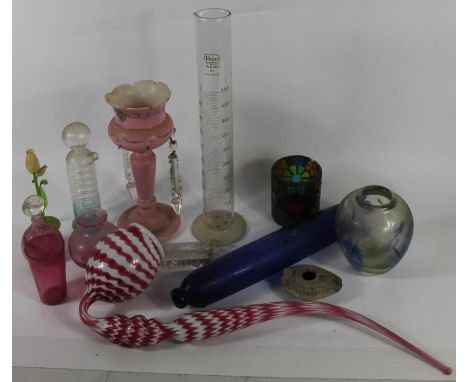 Victorian and later glass, including a lustre, rolling pin, pipe and scent bottle (a quantity)