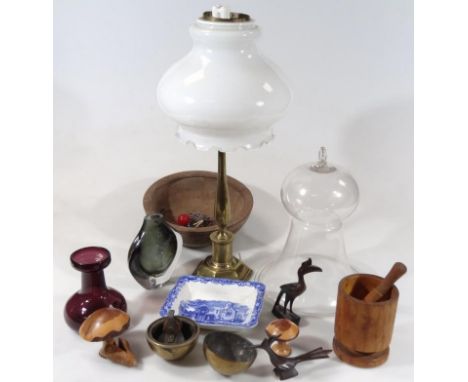 Various collectables treen, glassware, etc, to include a pie mould, treen bowl, plain glass smoke collector bell, 27cm high, 