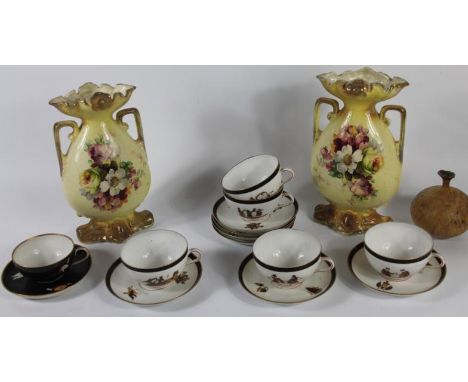 Trinket china ware, various cups and saucers and a pair of transfer printed vases