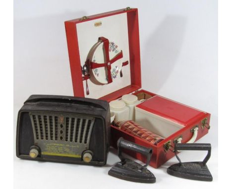 Bygones and collectables, to include a mid-20thC picnic hamper, in pressed red case with metal mounts and swing handle, 15cm 