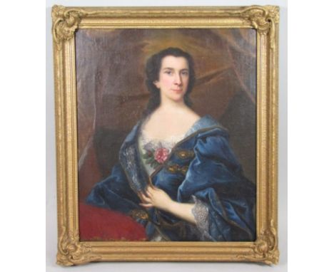 20thC in the 18thC French School style.  Half length portrait of a lady, oil on canvas, 77cm x 65cm