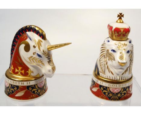 A Royal Worcester Queen Elizabeth II Golden Jubilee candle snuffer set, Lion 11cm high and Unicorn, no. 25/750, printed marks