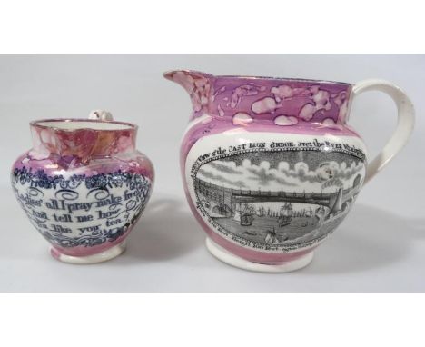 A 19thC Sunderland pink lustre jug, of miniature form, set with the Manchester Unity Independent Crier Of Odd Fellow front, a