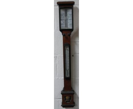 A late 19thC walnut and ebonised stick barometer, the rectangular upper section above two tuning knops and thermometer, with 