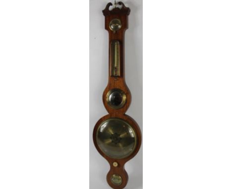An early 19thC mahogany wheel barometer, with swan neck pediment, hygrometer over thermometer, mirror, dial, bezel and level 