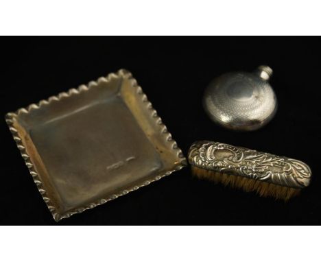 A circular silver scent bottle, with engine turned decoration, lid lacking, Victorian square dish with a crimped edge, London