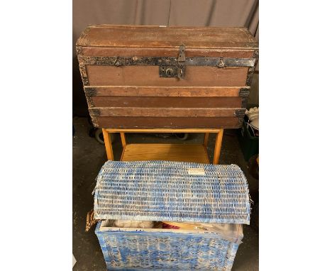 WOODEN BANDED &amp; IRON DOME TOPPED TRUNK, 33 x 72 x 41cms and a similar sized wicker with a quantity of tapestry and simila