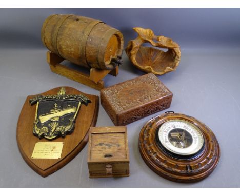 TREEN - a brandy barrel, USS commemorative plaque for 'Simon Lake', a barometer and quantity of treen