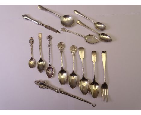 VARIOUS SILVER FLATWARE plus large silver handled button hook, various patterns and hallmarks, 210grms total weighable