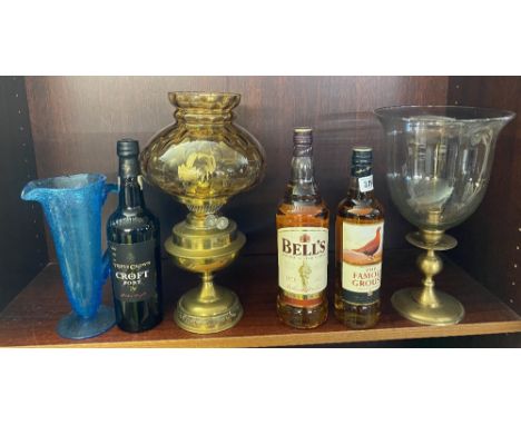 FAMOUS GROUSE WHISKY, BELLS, TRIPLE CROWN CROFT PORT, a brass oil lamp with Amber shade ETC
