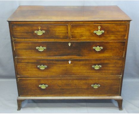 GEORGIAN MAHOGANY CHEST of two short over three long drawers, oak lined with cock beaded edging, bone escutcheons and replace