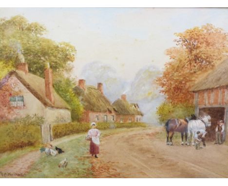 R H WALKER watercolour - Blacksmith at work with other figures and a woman on road, signed, 17.5 x 25cms