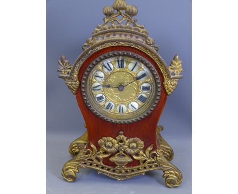 BRITISH UNITED CLOCK COMPANY FRENCH STYLE MAHOGANY &amp; GILT METAL MOUNTED MANTEL CLOCK, the gilt dial with embossed decorat