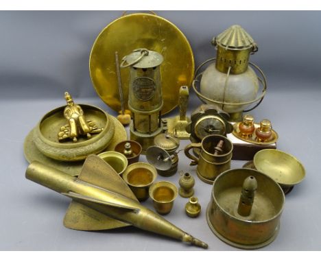 BRASS MINER'S LAMP 'THE PROTECTOR', Eccles Manchester, other vintage brassware and lighting including ornamental ETC