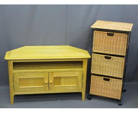 MODERN FURNITURE PARCEL to include lightwood two door entertainment stand, 56cms H, 90cms W, 40cms D and a rattan three drawe