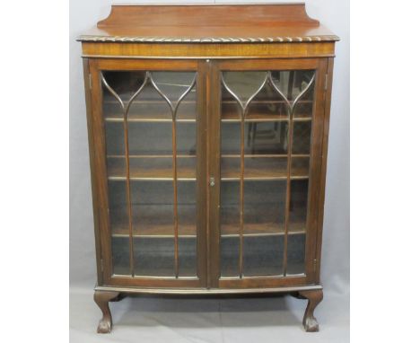 VINTAGE MAHOGANY TWO-DOOR DISPLAY CABINET on ball and claw feet, 126cms max H, 91cms W, 35cms D