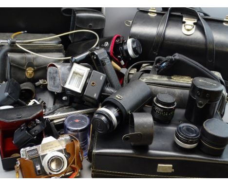 PHOTOGRAPHY ITEMS - Kodak Retina Reflex III cased camera, a quantity of lenses including Cannon, Hoya, light meters, camera b