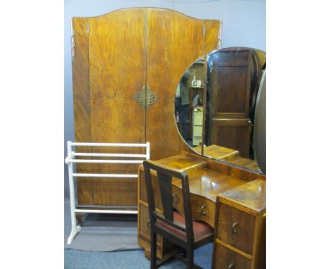 VINTAGE WALNUT &amp; OTHER HARLEQUIN BEDROOM SUITE consisting of two-door wardrobe with carved swag detail, 193cms H, 127cms 