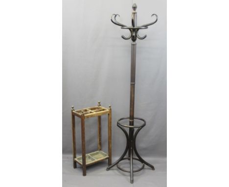 REPRODUCTION BENTWOOD HAT &amp; COAT STAND and a vintage oak stick stand with twin drip trays, 186cm and 77.5cm heights respe