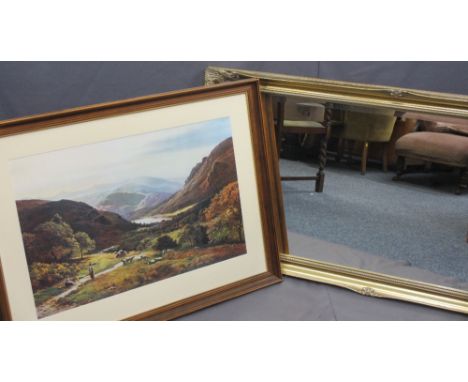 FURNISHING ITEMS - large gilt frame bevel edge mirror, 76cms H, 137cms W, 5cms D and a S R PERCY 1880 reproduction print - mo