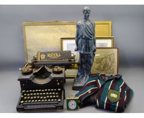 COMPOSITION FIGURE, 57cms H, vintage school blazer, a Royal Standard typewriter, an old fancy mantel clock and an assortment 