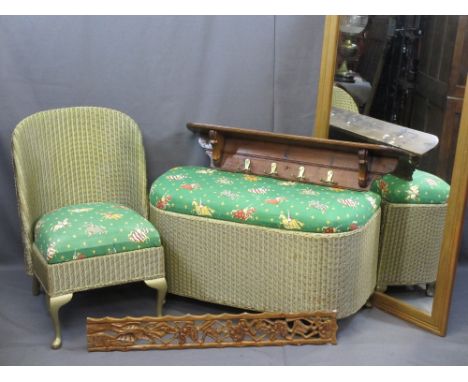 VINTAGE FURNITURE PARCEL, five items to include a Lloyd Loom style bedroom chair and blanket chest in Jousting Knights uphols