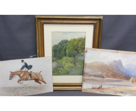 CECIL ALDIN unframed print - Equestrian scene, 24 x 34cms, unsigned mountain scene with small boat and figures at water's edg