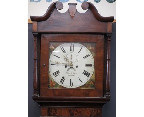 GRIFFITH OWEN LLANRWST MAHOGANY LONGCASE CLOCK, 14in square dial with painted spandrels, Roman numerals with subsidiary secon