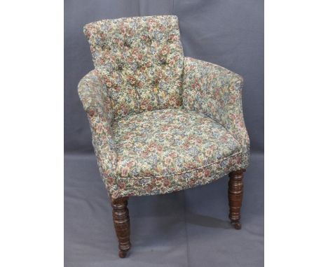 VINTAGE BUTTON UPHOLSTERED BEDROOM ARMCHAIR, floral upholstered on turned oak front supports with brown pot castors, 83cms H,