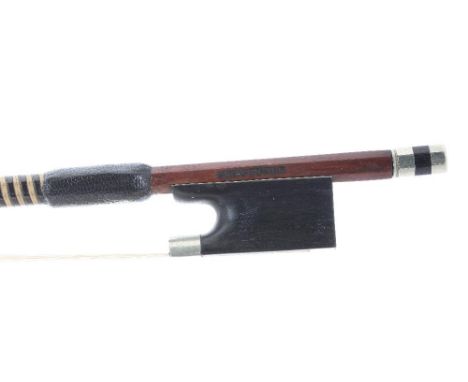 German nickel mounted violin bow by and stamped Fritz Gutter, the stick octagonal, the ebony frog plain and the ebony adjuste